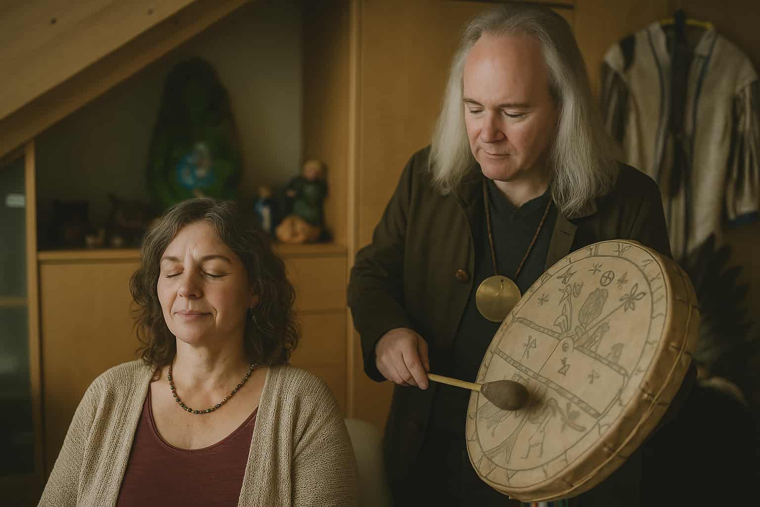 Schamanische Sitzung in der Riemerschmiede – Matthias Riemerschmid trommelt für eine Klientin