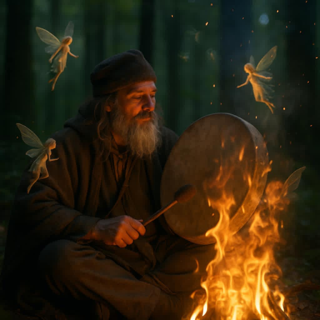 Schamane mit Trommel am Feuer, umgeben von Feenwesen